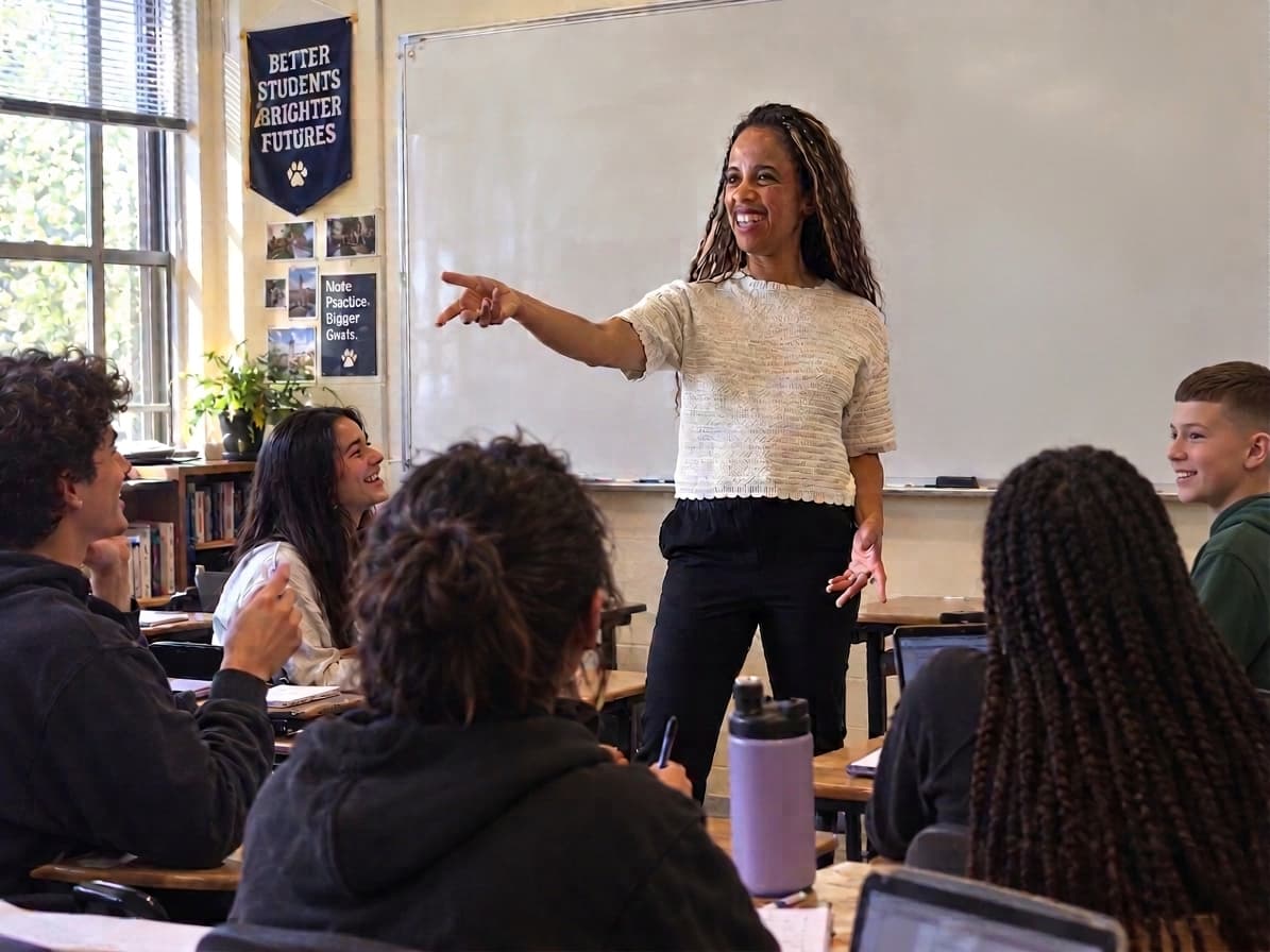 Stephanie Rocío Brandon teaching an SAT strategy lesson to a class of smiling students.